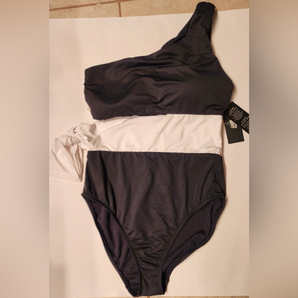 Ralph Lauren Cutout One Shoulder Women One Piece Swimsuit Black & White Size 12 - Picture 5 of 12